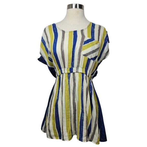 Striped Button-Back Short Sleeve Top Size Small Blue Yellow White Elastic Waist - Picture 1 of 9